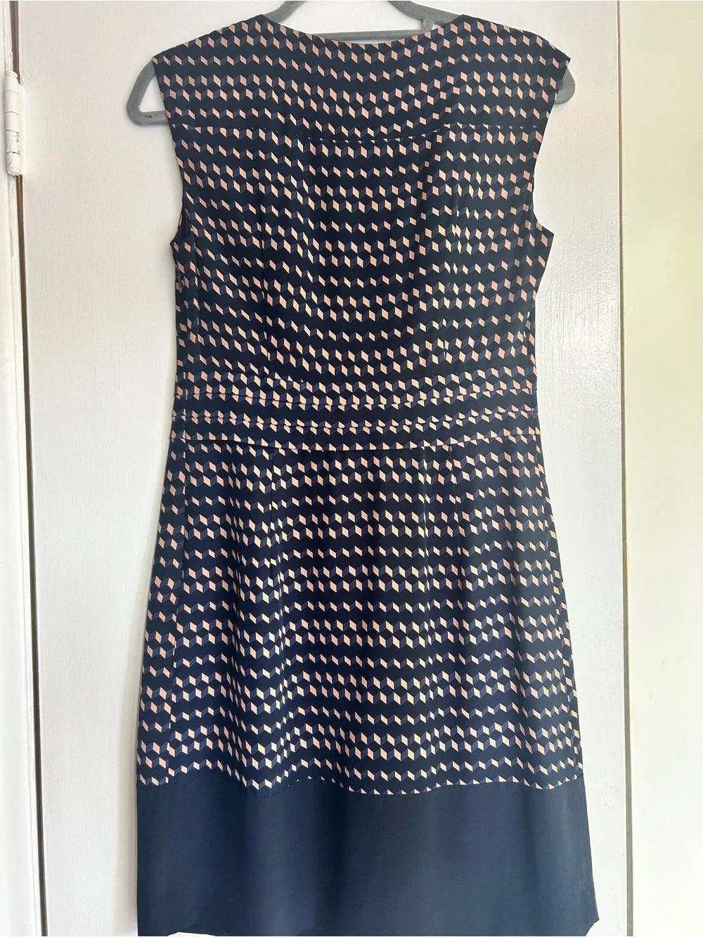 Tory Burch Marlowe Silk Navy Sheath Dress Peach/Blush Geometric Print, sz 4